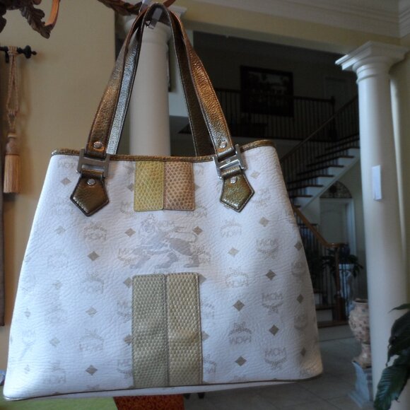 MCM White/Gold Signature Logo Napa Leather Tote & Pouch Set /Snake Print Detail - Picture 2 of 16